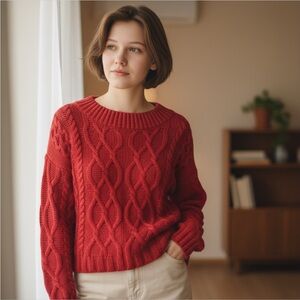 Elegant Red Cable Knit Sweater